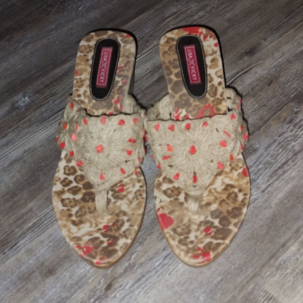 Lisa Vicky Macrame Thong Heel Sandals Sz 8 - Picture 2 of 9